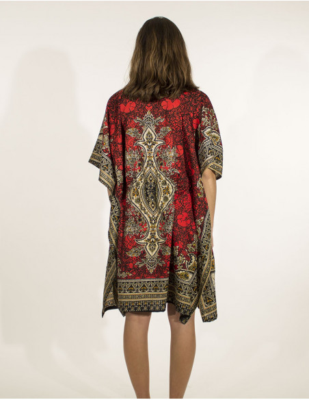 Robe courte carré pour la plage à imprimé baroque ethnique rouge