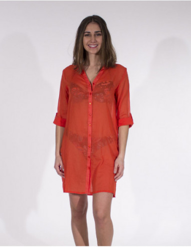 Chemise longue de plage tissu transparent pour l'été unie orange