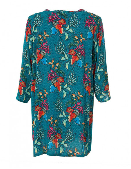 tunique originale bleue imprimé floral manches 3/4