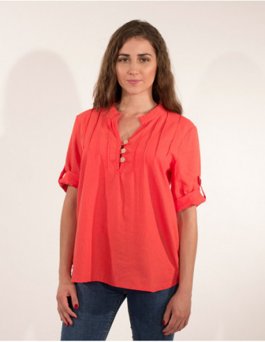 Tunique basique à manches courtes et plis sur la poitrine unie orange corail