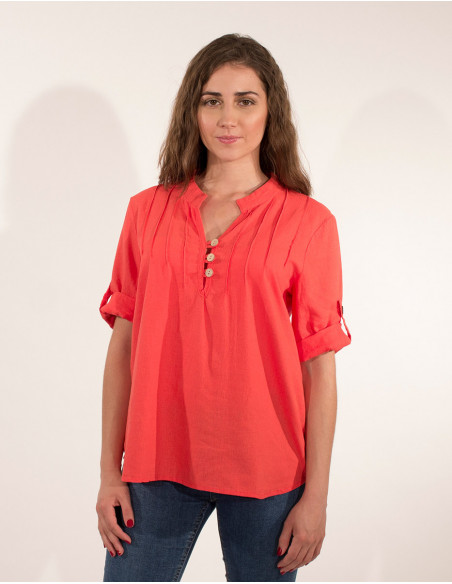 Tunique basique à manches courtes et plis sur la poitrine unie orange corail