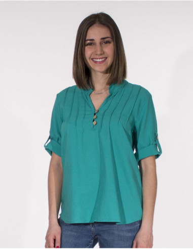 Basic tunic with short sleeves and pleats on the chest plain turquoise blue