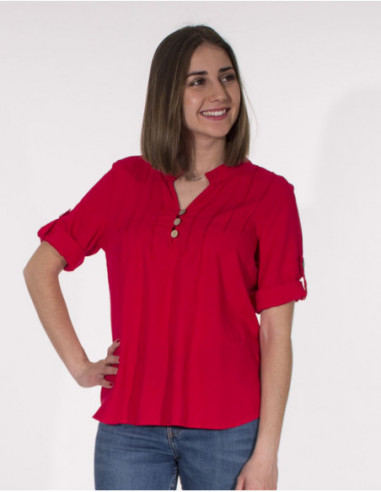 Tunique basique à manches courtes et plis sur la poitrine unie rouge