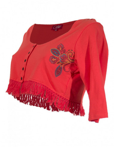 veste boléro boutons et franges corail