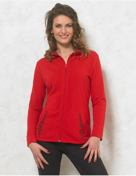 veste rouge avec motif tribal avec zip manches longues