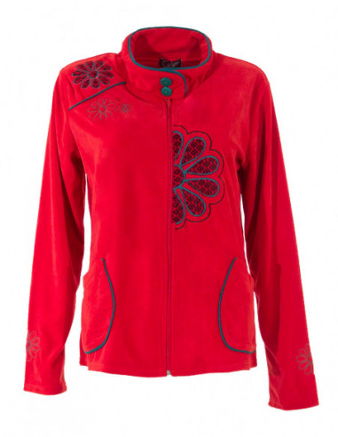 Veste velours rouge col montant et broderies pétales