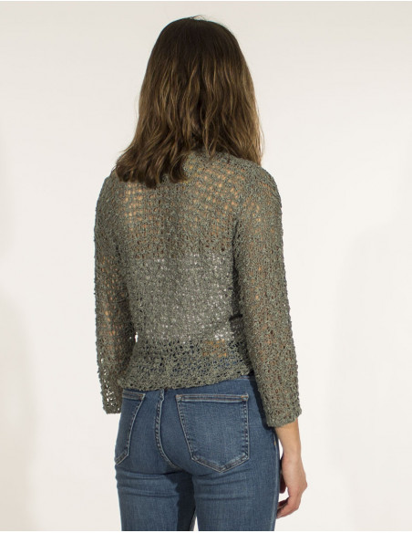 Veste d'été ajourée uni vert kaki pour femme à nouer