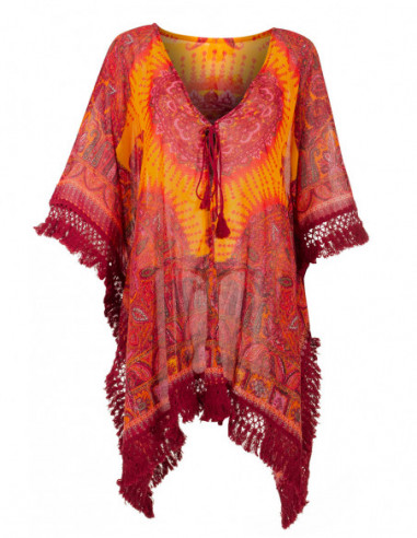 veste poncho à franges imprimé indien