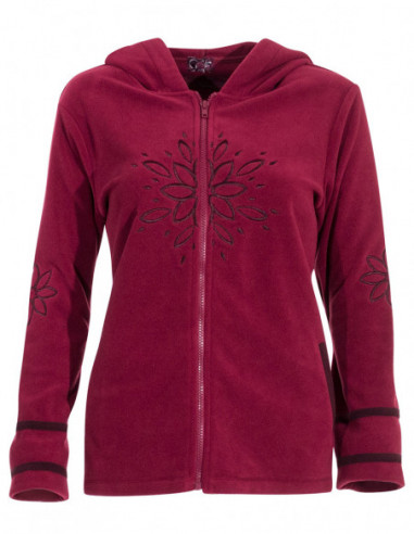 Veste polaire zippée à capuche avec broderies rouge bordeaux