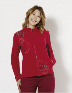 Veste polaire basique unie rouge avec broderies fleuries