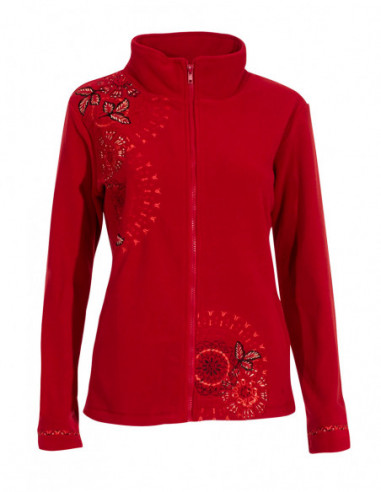 Veste polaire zippée pour femme unie rouge avec broderies fleuries