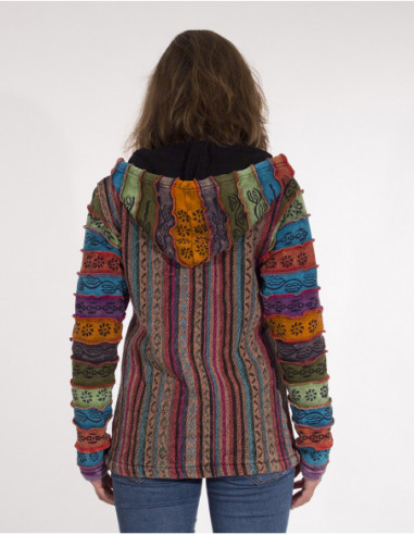 veste femme jaune hippie originale à rayures et capuche