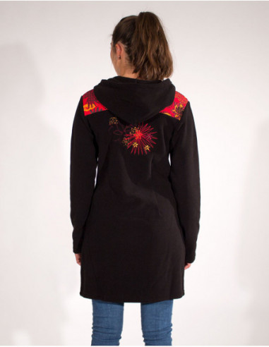 Long Fleece Jacket With Flower Embroider