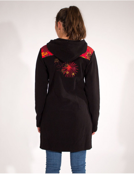 Long Fleece Jacket With Flower Embroider