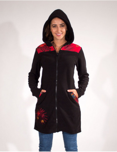 Long Fleece Jacket With Flower Embroider