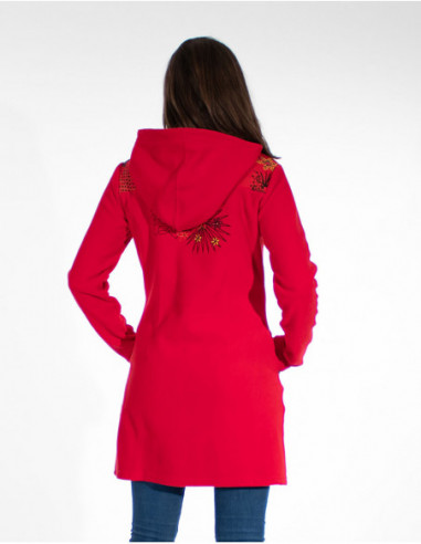 Long Fleece Jacket With Flower Embroider