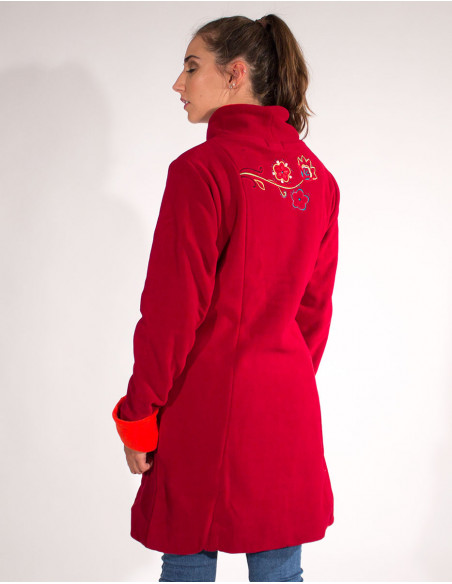 manteau polaire rouge femme avec broderies