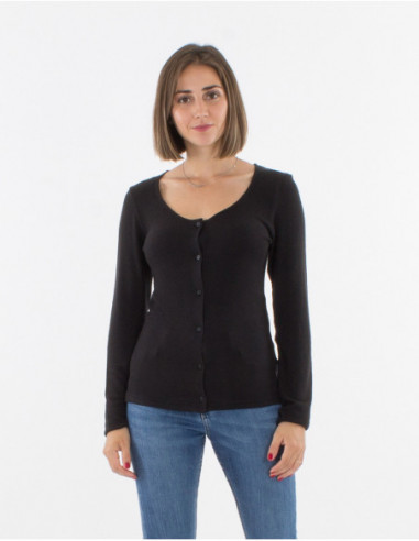 gilet chiné encolure ronde noire avec boutons