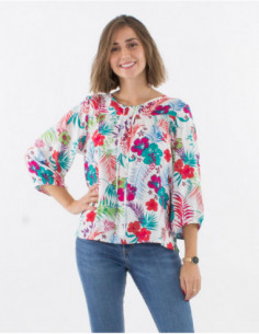 Blouse femme manches 3/4 blanche motif fleurs tropicales 2