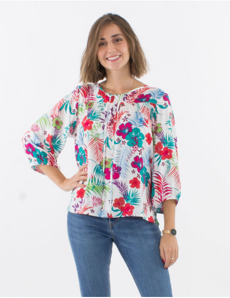 Blouse fluide blanche imprimée fleurs hawaïennes femme