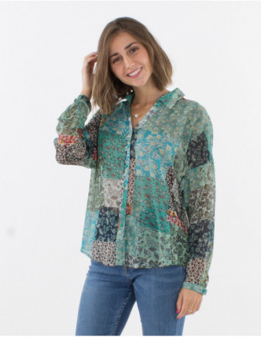 Chemise transparente à boutons femme bohème avec imprimé patchwork jardin fleuri