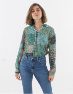 Chemise transparente à boutons femme bohème avec imprimé patchwork jardin fleuri 2
