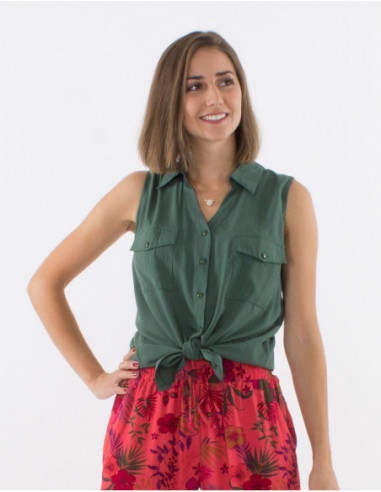 Women's solid khaki green sleeveless button-down shirt with pockets