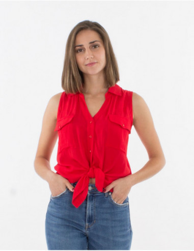 Women's solid red sleeveless button-down shirt with pockets
