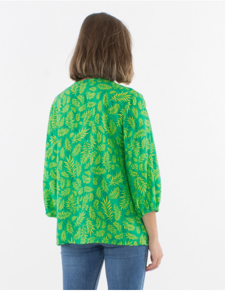 Chemisier boutonné vert menthe femme manches 3/4 ballons motif bohème feuilles