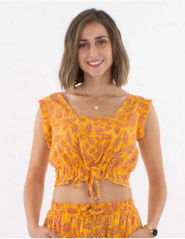 Crop top sans manches pour femme bohème jaune avec imprimé feuilles