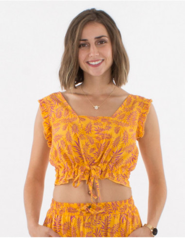 Yellow bohemian women's sleeveless crop top with leaf print