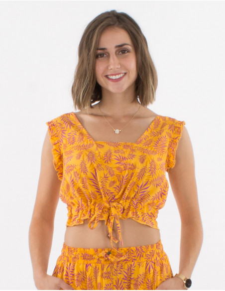 Crop top sans manches pour femme bohème jaune avec imprimé feuilles