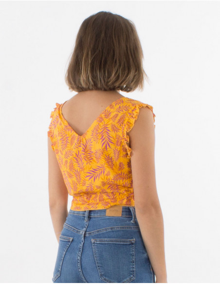 Yellow short sleeveless summer top with tie for women bohemian leaves