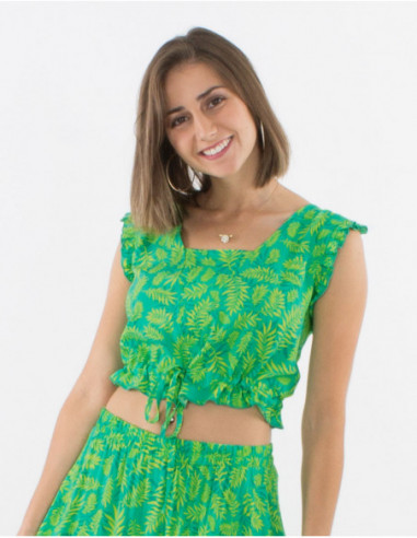 Crop top sans manches pour femme bohème vert menthe avec imprimé feuilles