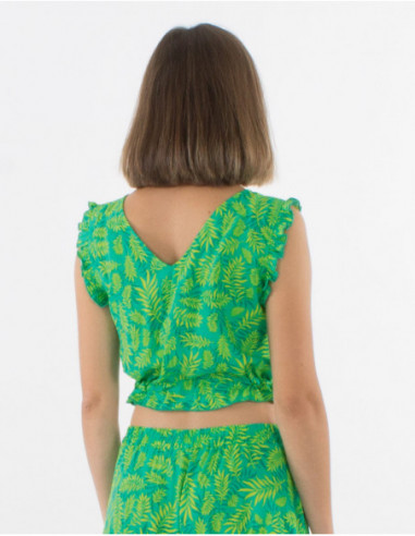 Top d'été vert menthe court sans manches à nouer pour femme motif bohème feuilles