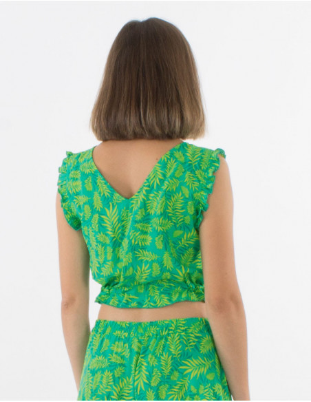 Top d'été vert menthe court sans manches à nouer pour femme motif bohème feuilles