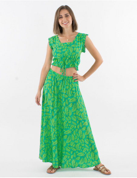 Crop top menthe femme à nouer avec col carré et imprimé feuilles bohème chic