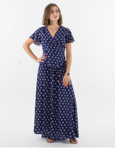 Small navy blue summer crop top with boho chic feathers in set with matching skirt