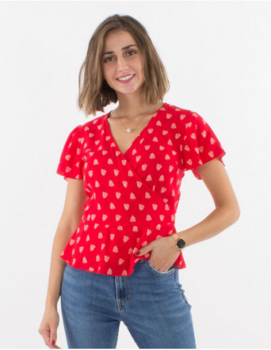 Top d'été femme original rouge volanté avec col cache cœur