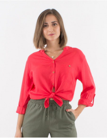 Chemise unie corail à boutons effet bois manches 3/4 réglables col V pour femme