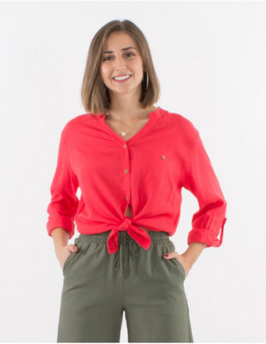 Women's button-down shirt with 3/4 adjustable sleeves, solid color, lavander