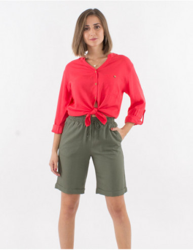 Chemise unie corail à boutons effet bois manches 3/4 réglables col V pour femme