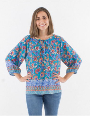 Blouse boho chic à manches 3/4 ballons femme bleu pétrole col rond à nouer motifs fleurs colorées