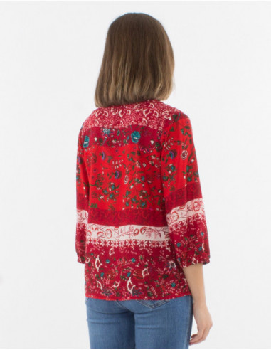 Chemisier femme manches 3/4 esprit bohème avec fleurs patchwork rouge et col v