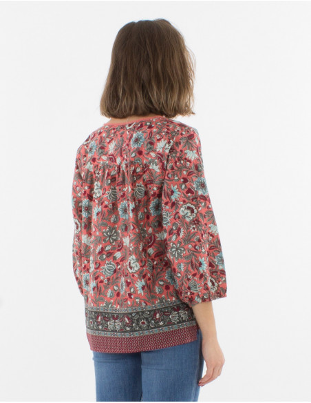 Bohemian cotton blouse with 3/4 sleeves