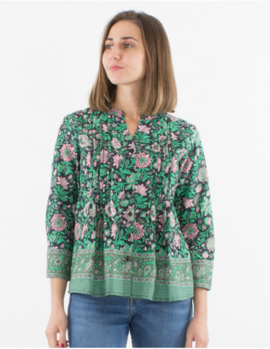 Blouse printanière pour femme à manches longues fronces sur le devant et boutons motif noir hippie floral