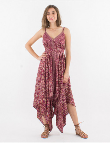 Combinaison pantalon fluide et légère pour l'été fines bretelles décolleté sexy imprimé rouge bordeaux bohème fleuri