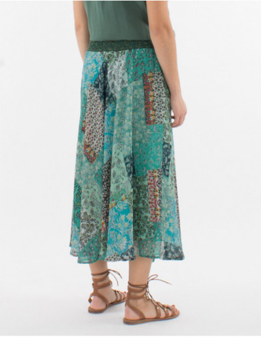 Jupe originale et bohème longue pour femme avec ceinture pailleté et motif fleurs menthe
