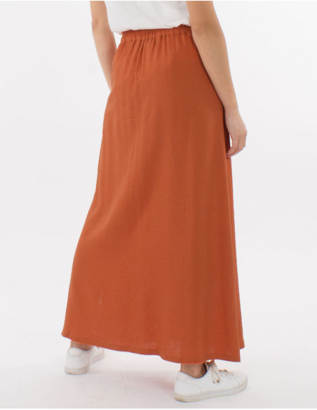 Jupe longue boutonnée à l'avant avec fentes et lin pour femme basique marron rouille