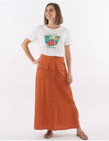 Jupe longue effet bohème unie rouge rouille à boutons pour femme avec lin et viscose